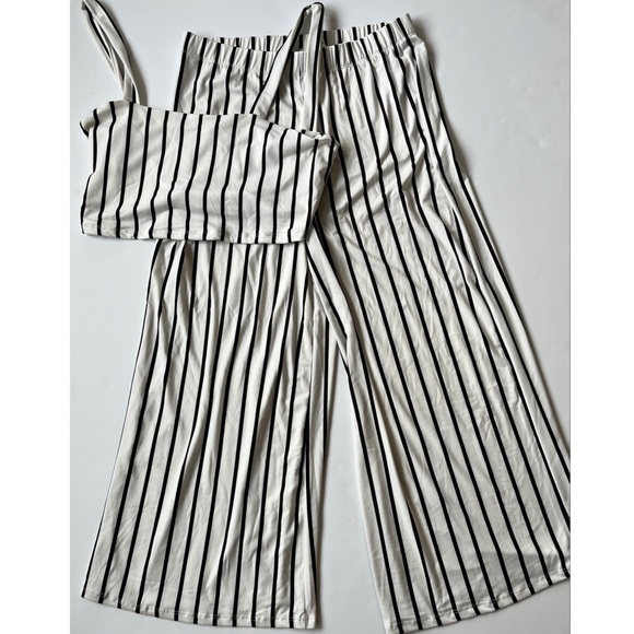 Capella Women’s 2 Piece Black and White Striped Crop Top and Wide Leg Pants - Picture 1 of 8